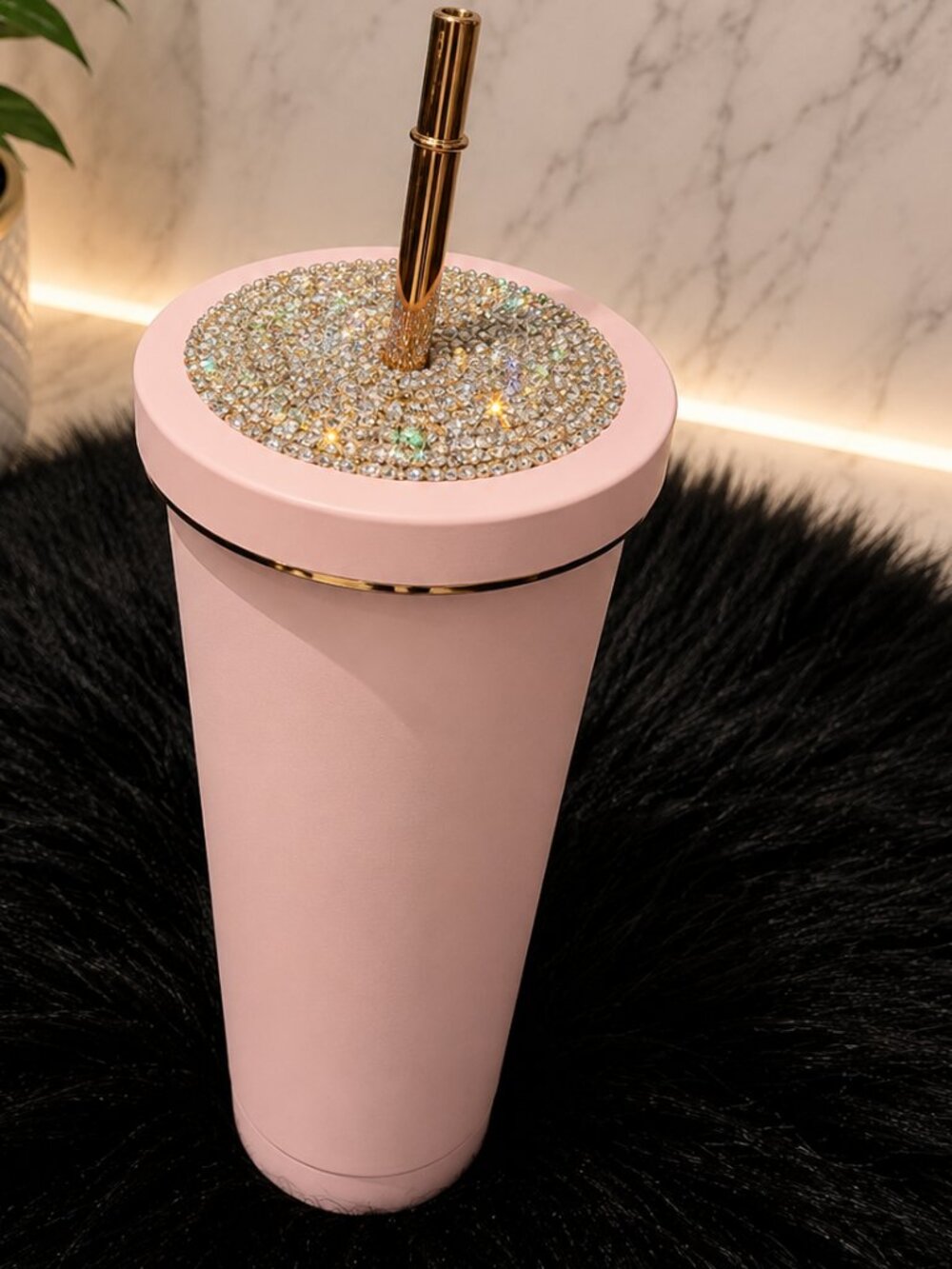 Pink Rhinestone Bling Tumbler Cup with Rose Gold Straw | 500ml